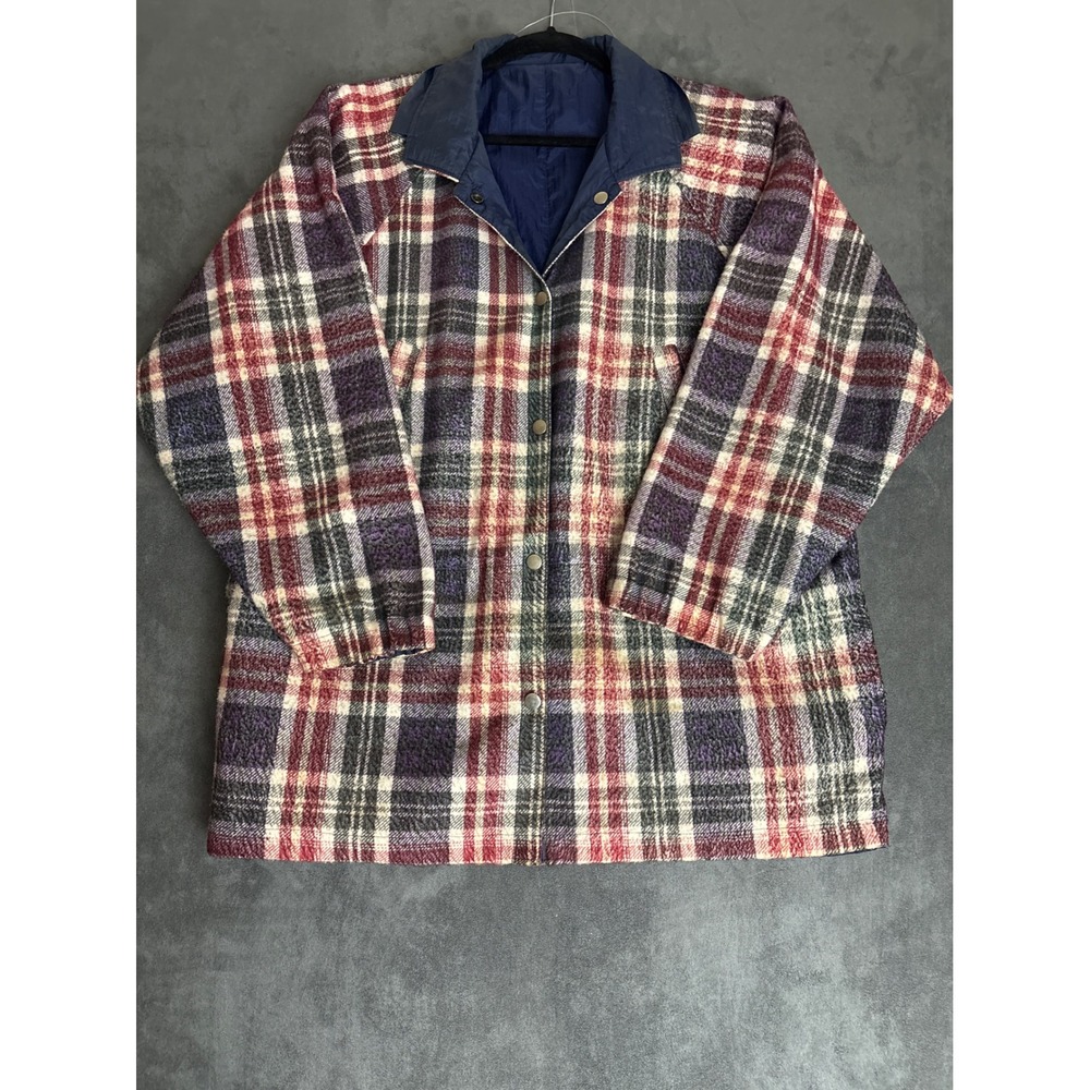 Vintage Reversible Plaid Jacket Navy Blue Windbreaker Snap Front Large